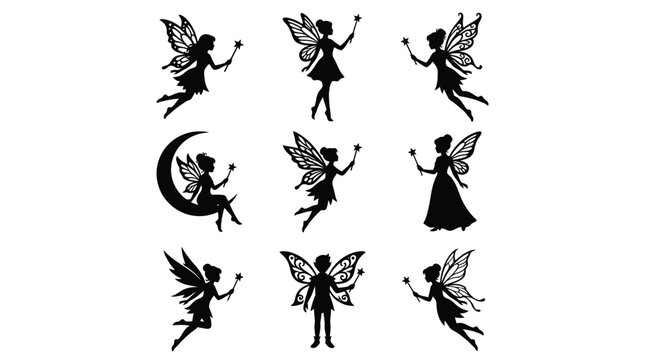 Artistic black vector illustration set featuring multiple silhouettes of flying fairies with magical star wands