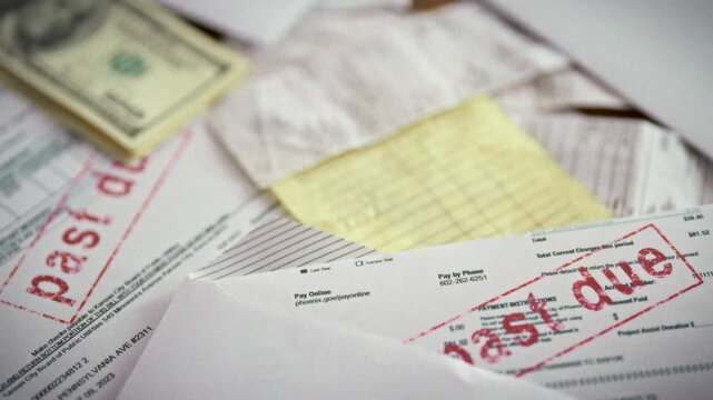A close-up shows a red late payment stamp on a pile of overdue bills and a financial schedule, underscoring debt pressure and the strain of unmet obligations in everyday accounting