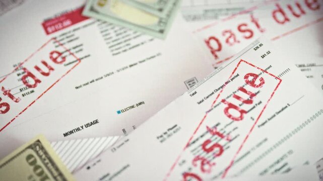 Sorting through stacks of overdue paper bills, a close-up shows a utility bill stamped 'past due' in red, amid other documents, a calculator and cash, emphasizing debt and finances