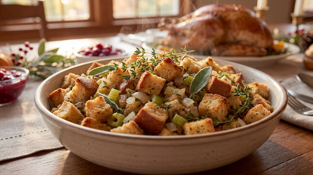 thanksgiving stuffing bread herbs side dish dinner autumn food traditional in warm candlelit composition with intimate holiday mood and detailed rustic styling golden bread cubes sage and vegetables