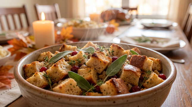 thanksgiving stuffing bread herbs side dish dinner autumn food traditional in soft natural daylight with balanced composition and welcoming seasonal atmosphere golden bread cubes sage and vegetables