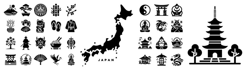 Fototapeta premium Map of Japan with traditional cultural icons and oriental symbols black silhouette vector illustration set