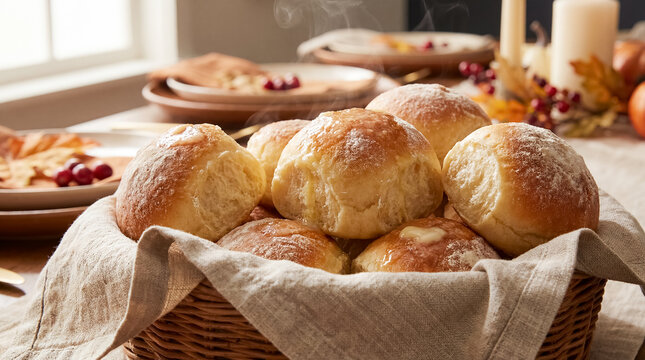 thanksgiving dinner rolls bread basket warm homemade holiday food traditional in warm candlelit composition with intimate holiday mood and detailed rustic styling fresh golden rolls nestle inside