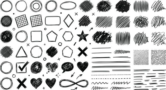 Hand drawn doodle shapes, pencil sketch lines, circles, squares, arrows, hearts, ink frames for creative branding, highlight, school notes