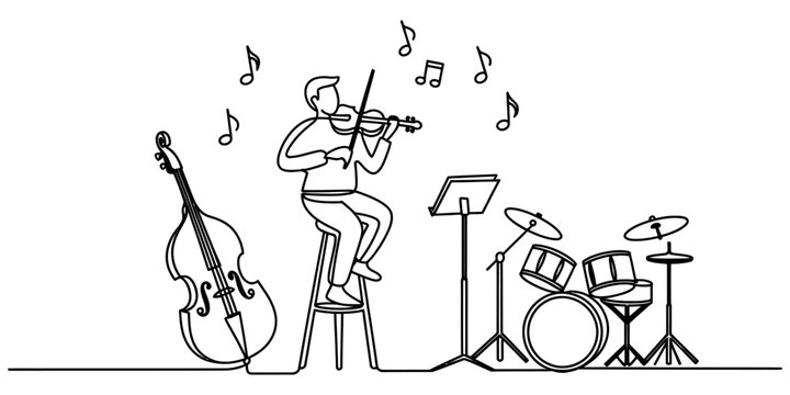 Continuous line drawing of a musician playing violin with a double bass and drum set in a music studio setting Vector, illustration