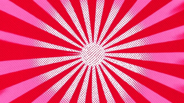 Zoom in radial graphic of sunburst rays expanding over textured red and pink backdrop with halftone dotted center pop art pattern