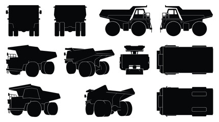 Mining Dump Truck Silhouette Set — Heavy Haul Off-Road Construction Vehicle Vector Icons Isolated on White © selena