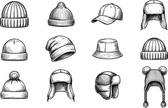 Winter hats sketches, knitted beanies, baseball cap, bucket hat, ushanka earflap caps for cold weather apparel, fashion branding