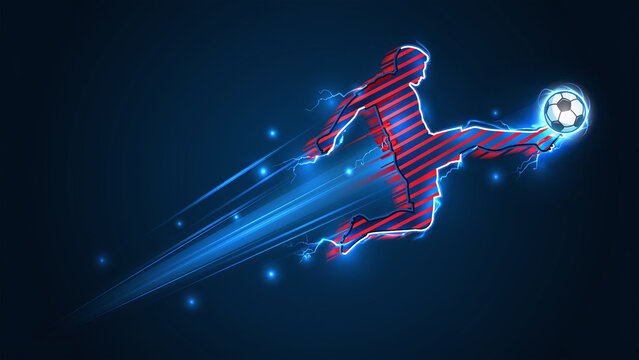 Dynamic Soccer Player Neon Lightning Energy Graphic for Sports Marketing and Branding