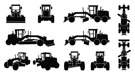 Obraz premium Motor Grader Silhouette Set — Road Grading Construction Heavy Equipment Vector Icons Isolated on White