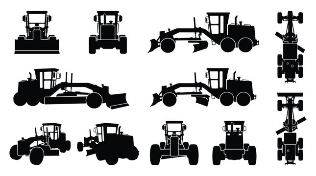 Motor Grader Silhouette Set &mdash; Road Grading Construction Heavy Equipment Vector Icons Isolated on White