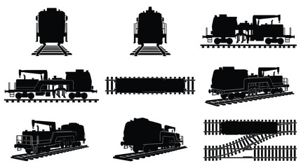 Steam Locomotive Train Silhouette Set — Vintage Railway Engine Vector Icons Isolated on White © selena