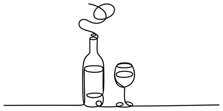Continuous line drawing of a wine bottle and a glass of wine with a swirl of aroma rising from the top in a minimalist black and white artistic style Vector, illustration