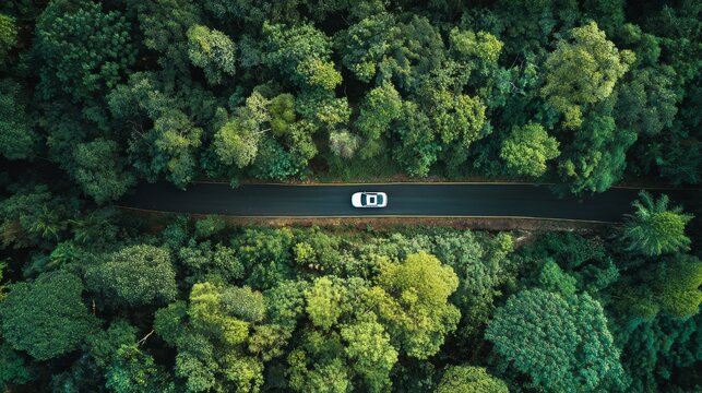 Top view aerial drone shot of a car driving along a road surrounded by lush green trees, showcasing a scenic travel landscape concept representing road trips, nature, freedom, and summer travel.
