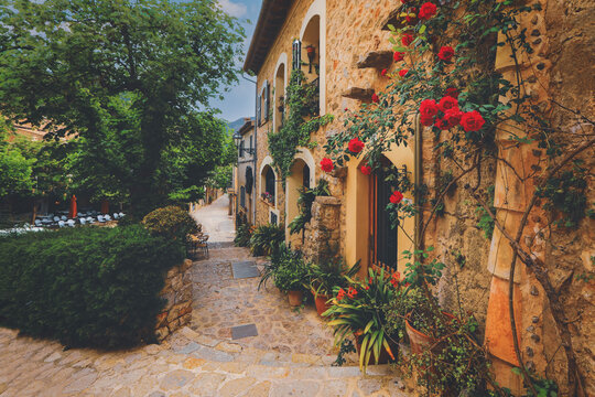 Valldemossa typical village with plants pots in facades at Mallorca island, Spain