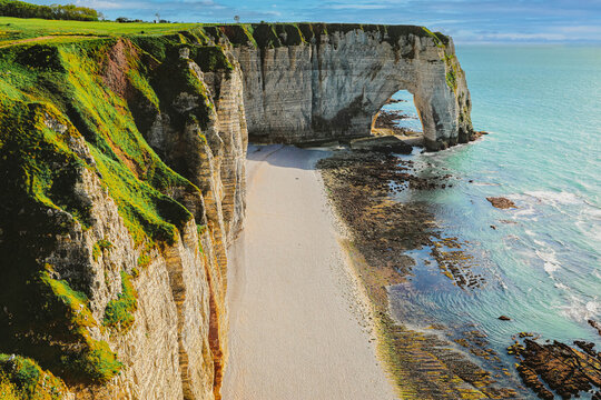 Famous natural cliffs Etretat. Etretat is a commune in Seine-Maritime department in Haute-Normandie region in France.