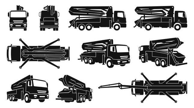 Concrete Pump Truck Silhouette Set &mdash; Construction Boom Mixer Vehicle Vector Icons Isolated on White