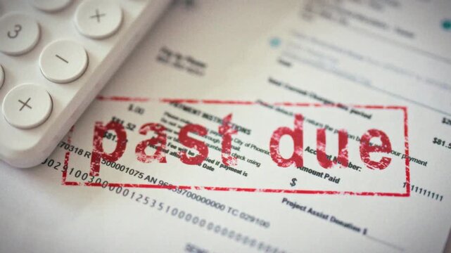 A close-up shows a red past due seal on a utilities payment receipt, the stamp vivid against the paper. A calculator and scattered documents highlight the overdue bill and household record-keeping