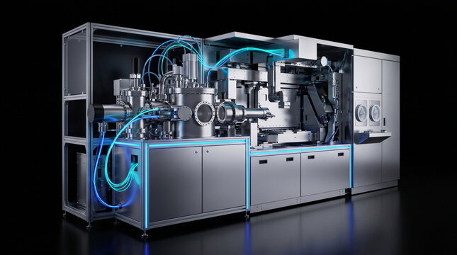 Complex high-tech EUV lithography system machine for semiconductor manufacturing isolated on a solid black background. Premium commercial industrial stock photography.