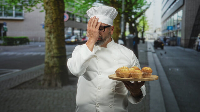 Man chef holding a tray of muffins on street with hand to forehead gesture; frustration tiredness humor.