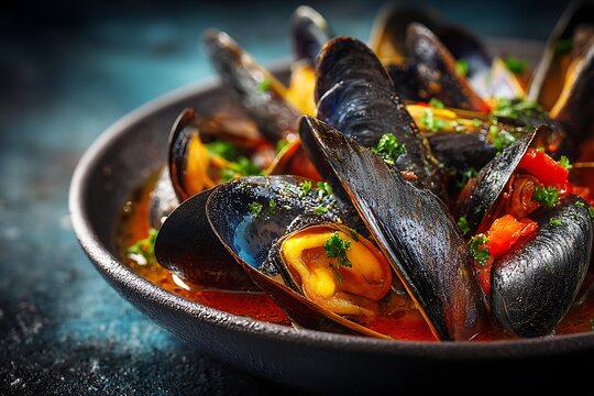 A close-up shot of steamed mussels in a rich red broth garnished with fresh parsley in a dark bowl.