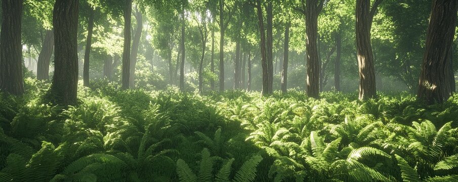 A dense forest filled with tall, straight trees and a thick carpet of green ferns below, 