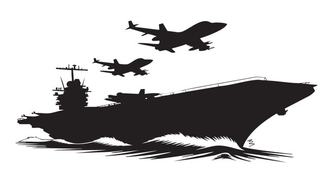 Aircraft carrier with fighter jets. vector illustration isolated on transparent background.