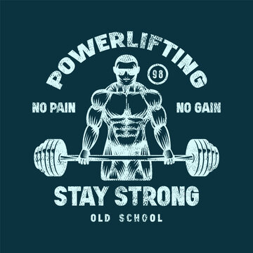 Emblem with powerlifter silhouette. Gym, workout, bodybuilding and athletic  theme. Graphic design with rough texture for t-shirt. Blue print on dark background