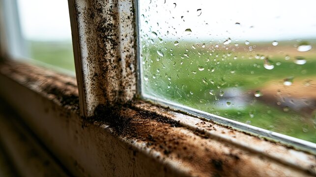 Close-up of a dirty window frame with mold and water droplets on the glass