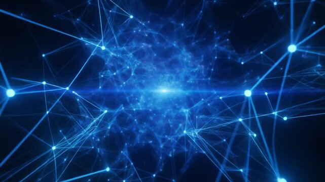 Futuristic blue network of glowing lines and nodes, symbolizing data flow, digital communication, and advanced connectivity.