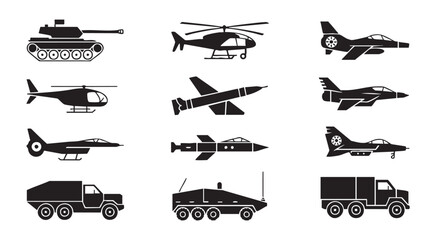 Set of military vehicles including tanks helicopters and jets on transparent background. © Nuruzzaman