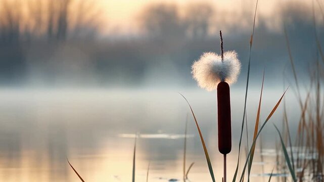 Cattail with fluffy seed pod in focus, misty water backdrop, tranquil natural atmosphere evoking calm and gentle morning stillness&hellip;