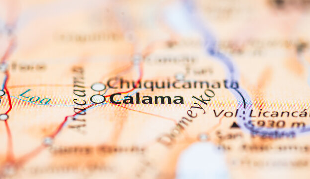 Close up map view of Calama and Chuquicamata in northern Chile.