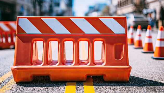 Orange construction barrier with reflective stripes on asphalt road