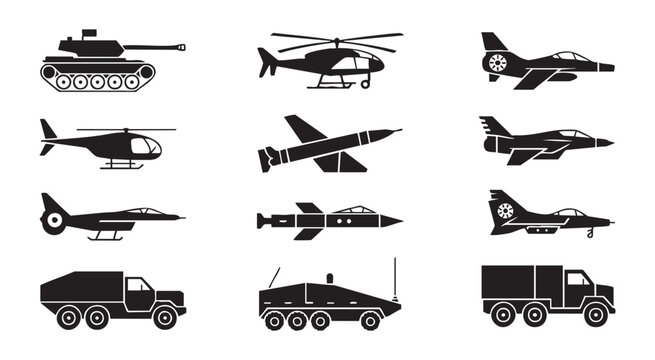 Set of military vehicles including tanks helicopters and jets on transparent background.