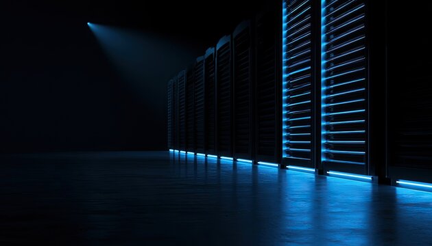 Rows of glowing server racks in a dark, modern data center