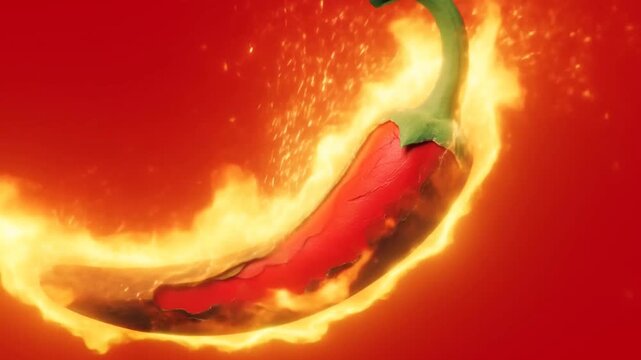 Slow motion tracking close up of chili pepper burning and igniting with flames on red seamless backdrop in studio product shot