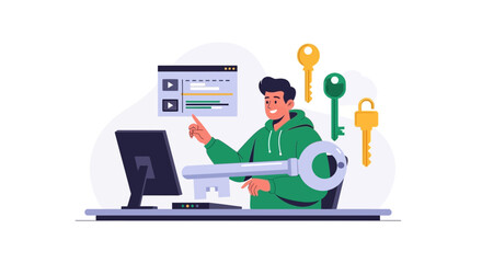Fototapeta premium Man with computer and keys, symbolizing success, solutions, and digital access in modern business and technology.