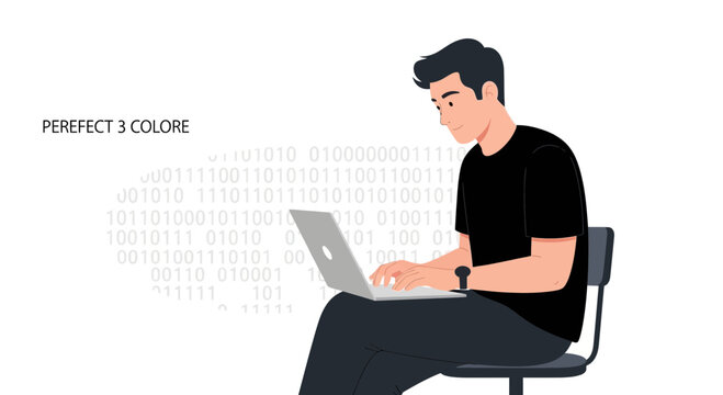 Man with laptop and binary code, symbolizing programming, technology, and digital data