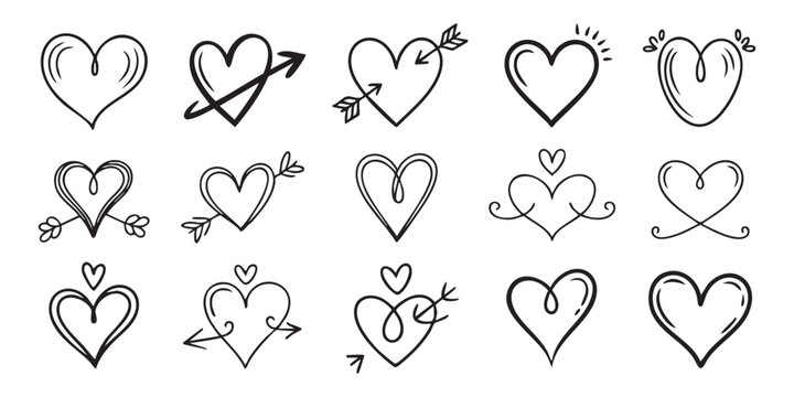 Decorative heart doodles with arrows and swirls collection on transparent background vector set.
