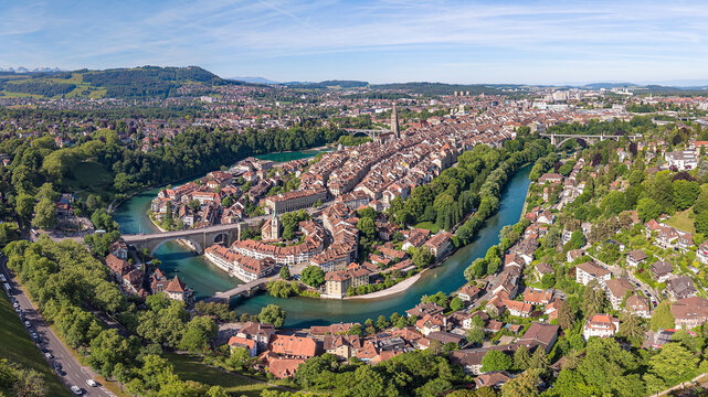 Panorama of aerial view of the Swiss town Bern center. - the capital of Switzerland.  The old town is an Unesco heritage site.