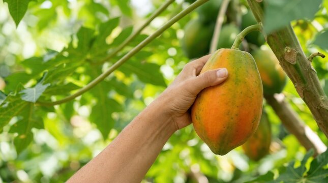 A close-up of a worker hand carefully twisting and harvesting a ripe orange-green papaya fruit directly from the tropical tree branch in a plantation.