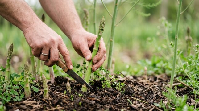 Close-up of a gardener hands using a knife to carefully cut fresh green asparagus spears directly from the soil bed during an organic spring harvest.