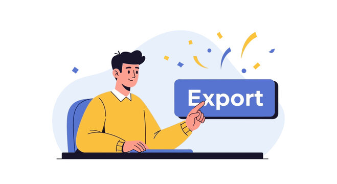 Man points to Export button with confetti celebration, concept for international trade, business growth, and successful export.