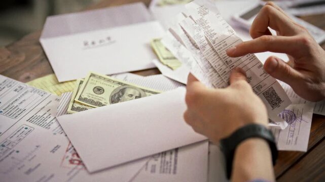 A man organizes his family budget by sorting checks and bills in labeled envelopes, analyzing expenses for effective financial planning, ensuring smart money management at home daily