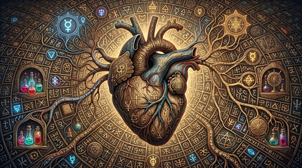 Obraz premium Alchemical heart with glowing sigils