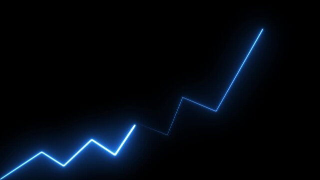 Neon glowing zigzag line with upward arrow on black background representing growth trend and progress