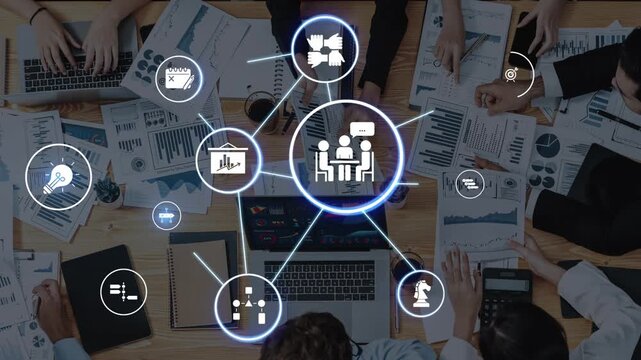 Project planning icons showing business management, teamwork, scheduling, strategic planning, project development, organization, and goal setting with modern workflow and process management. Funnel