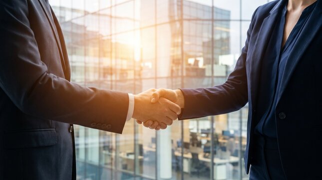 Close up of professional handshake between businessman and businesswoman in suits with modern glass office building and sun flare background
