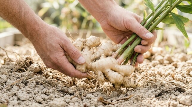 Close-up of a farmer hands gently lifting a freshly harvested organic ginger root from the dry soil bed, capturing the backyard gardening harvest process.